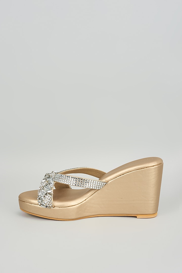 Champagne Faux Leather Crystal Embellished Wedges by Stoffa Bride at Pernia's Pop Up Shop