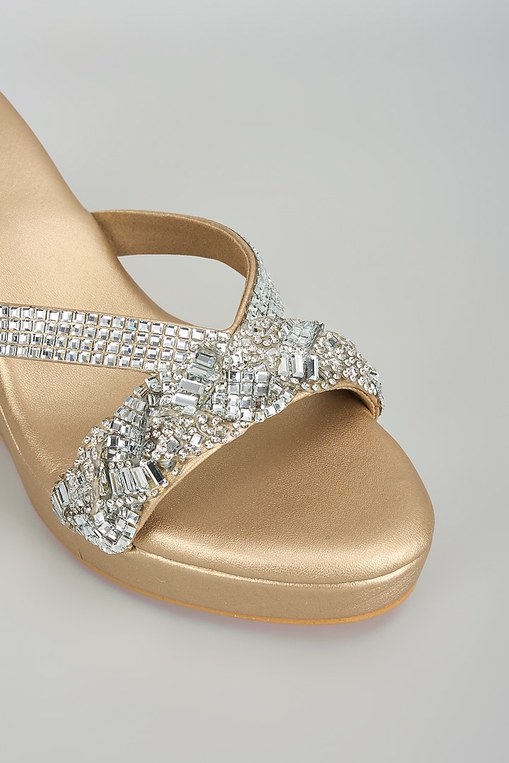 Champagne Faux Leather Crystal Embellished Wedges by Stoffa Bride at Pernia's Pop Up Shop