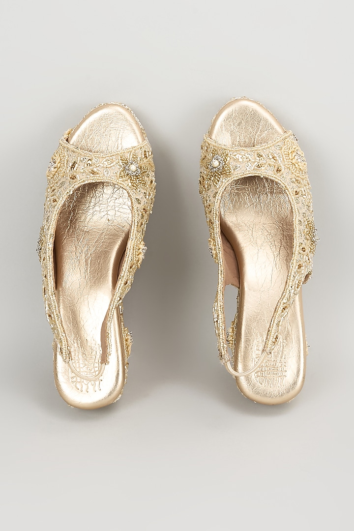 Gold Faux Leather Embroidered Wedges by stoffa bride at Pernia's Pop Up Shop
