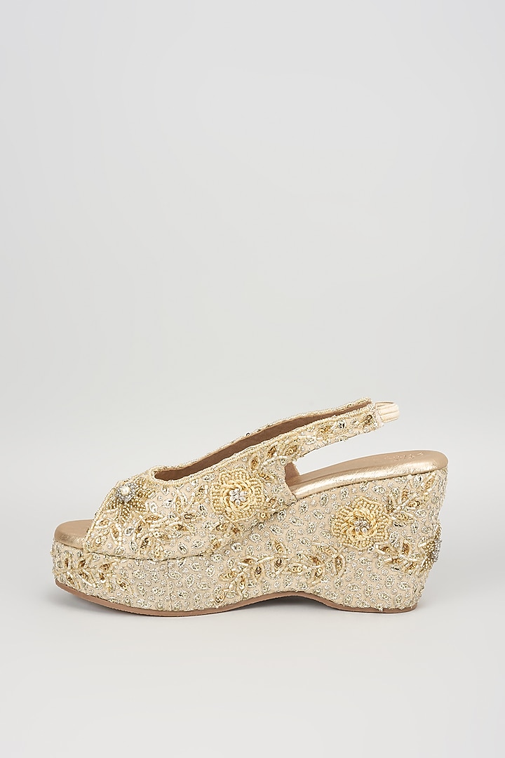 Gold Faux Leather Embroidered Wedges by stoffa bride at Pernia's Pop Up Shop