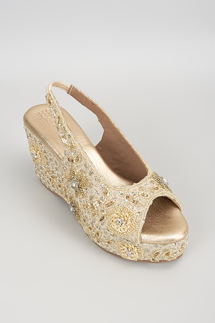 Gold Faux Leather Embroidered Wedges by stoffa bride at Pernia's Pop Up Shop