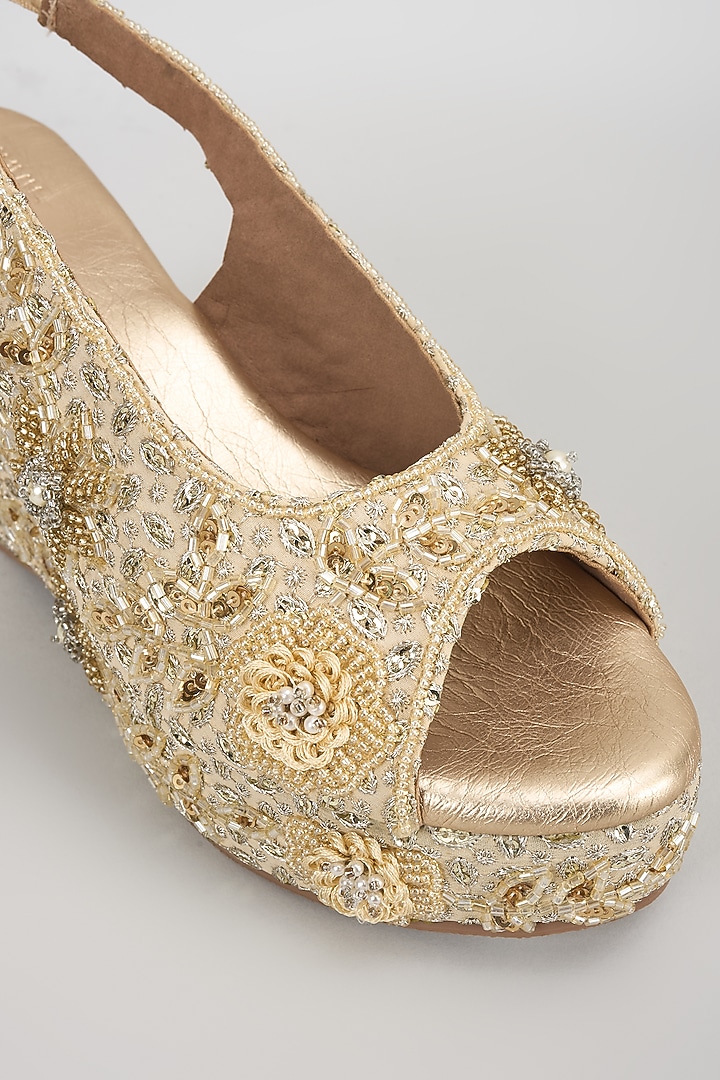Gold Faux Leather Embroidered Wedges by stoffa bride at Pernia's Pop Up Shop