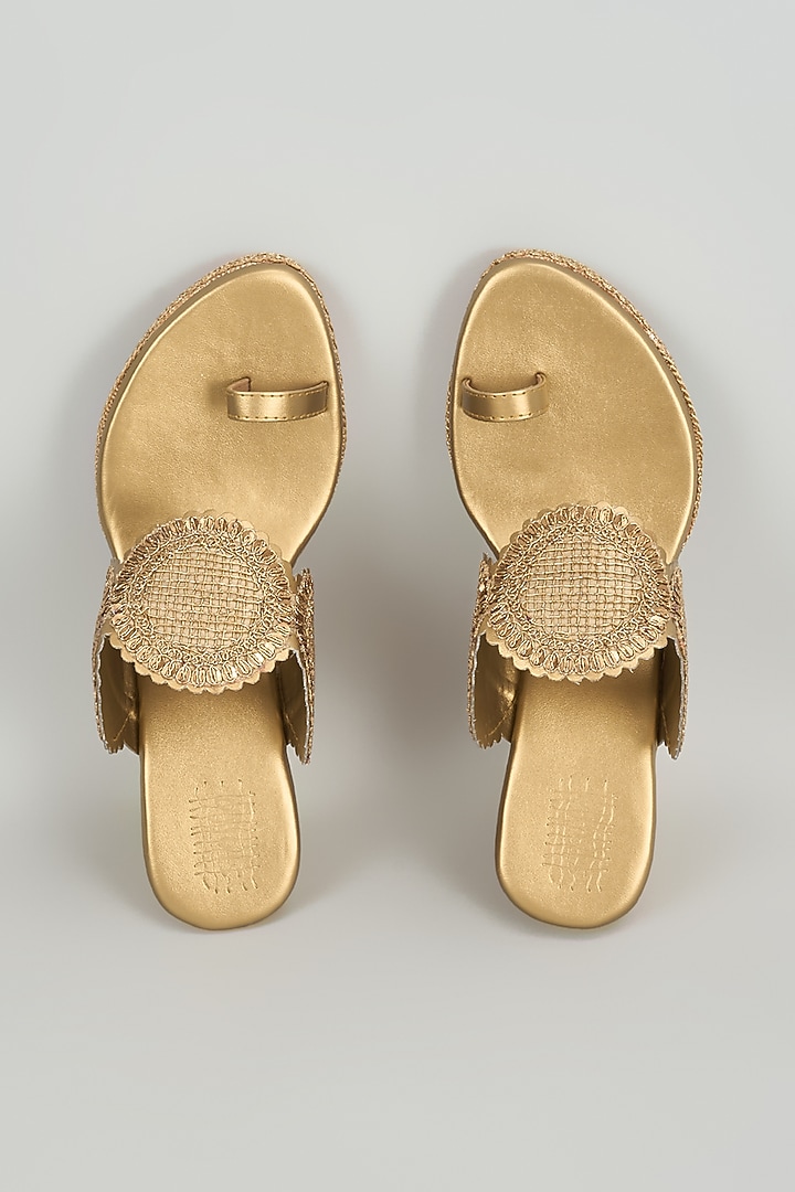 Antique Gold Faux Leather Embroidered Wedges by Stoffa Bride at Pernia's Pop Up Shop
