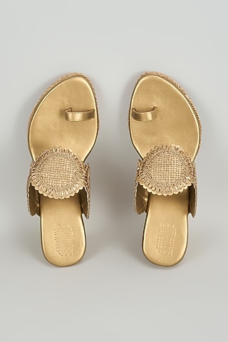 Antique Gold Faux Leather Embroidered Wedges by Stoffa Bride