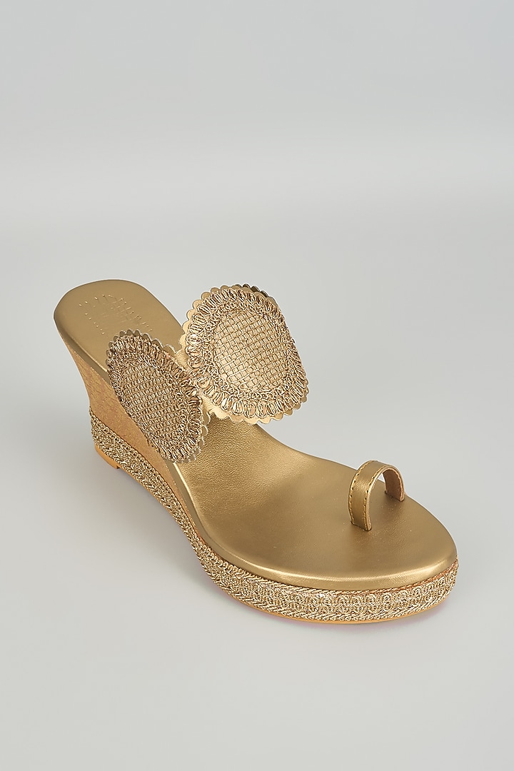 Antique Gold Faux Leather Embroidered Wedges by Stoffa Bride at Pernia's Pop Up Shop