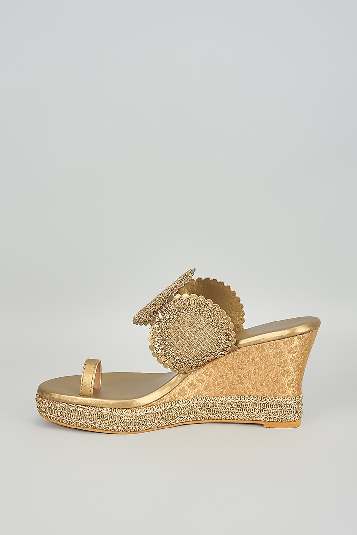 Antique Gold Faux Leather Embroidered Wedges by Stoffa Bride at Pernia's Pop Up Shop