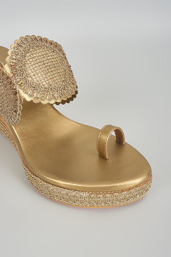 Antique Gold Faux Leather Embroidered Wedges by Stoffa Bride at Pernia's Pop Up Shop