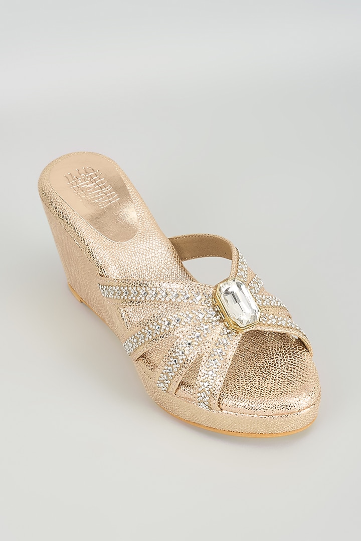 Rose Gold Faux Leather Crystal Embellished Wedges by Stoffa Bride at Pernia's Pop Up Shop