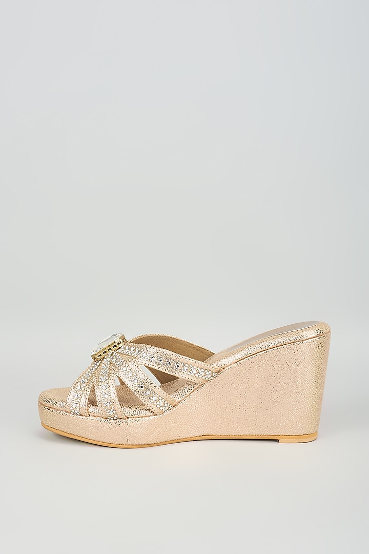 Rose Gold Faux Leather Crystal Embellished Wedges by Stoffa Bride at Pernia's Pop Up Shop