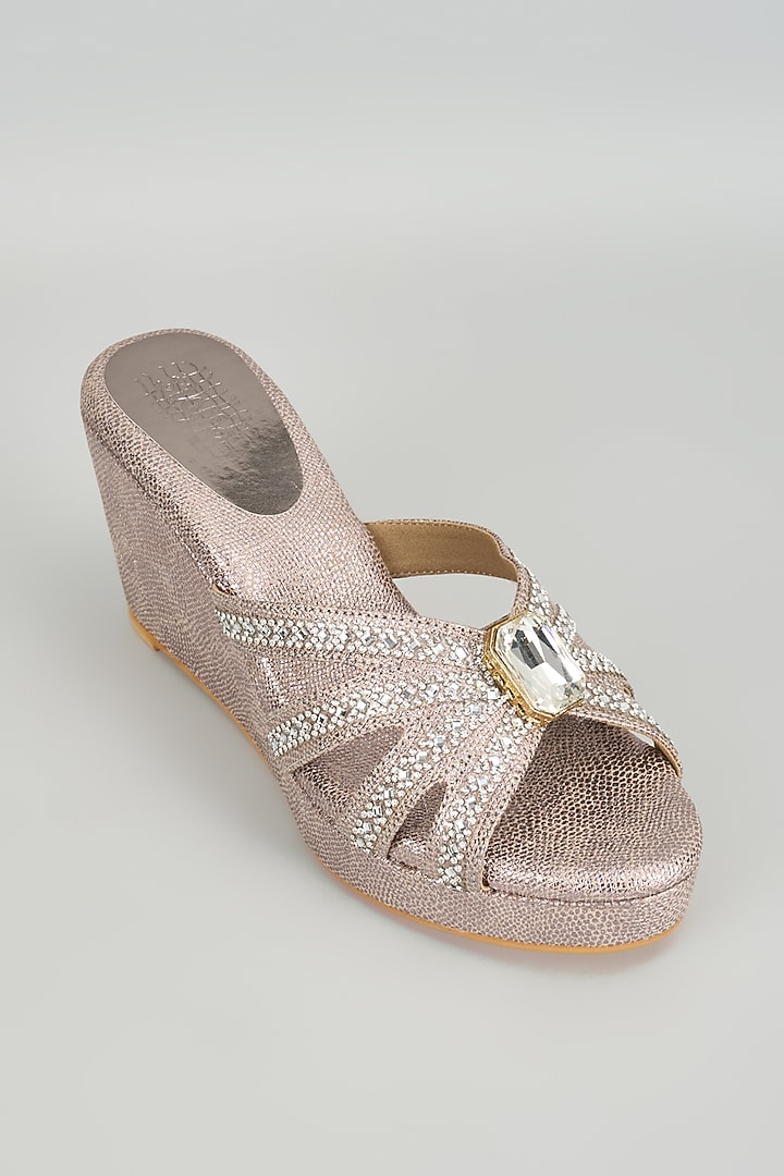 Pewter Faux Leather Crystal Embellished Wedges by Stoffa Bride at Pernia's Pop Up Shop