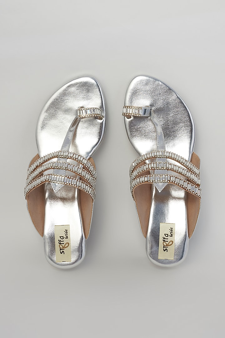 Silver Embellished Kolhapuri Wedges by Stoffa Bride at Pernia's Pop Up Shop