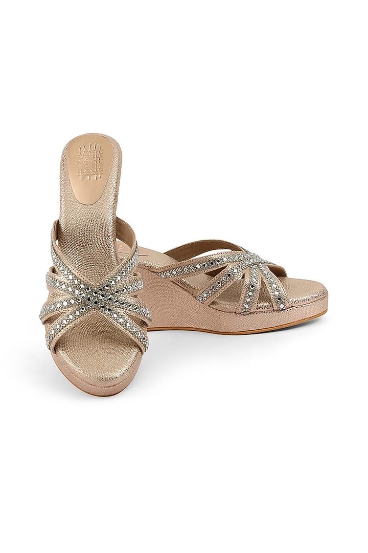 Rose Gold Faux Leather Crystal Embellished Wedges by stoffa bride at Pernia's Pop Up Shop
