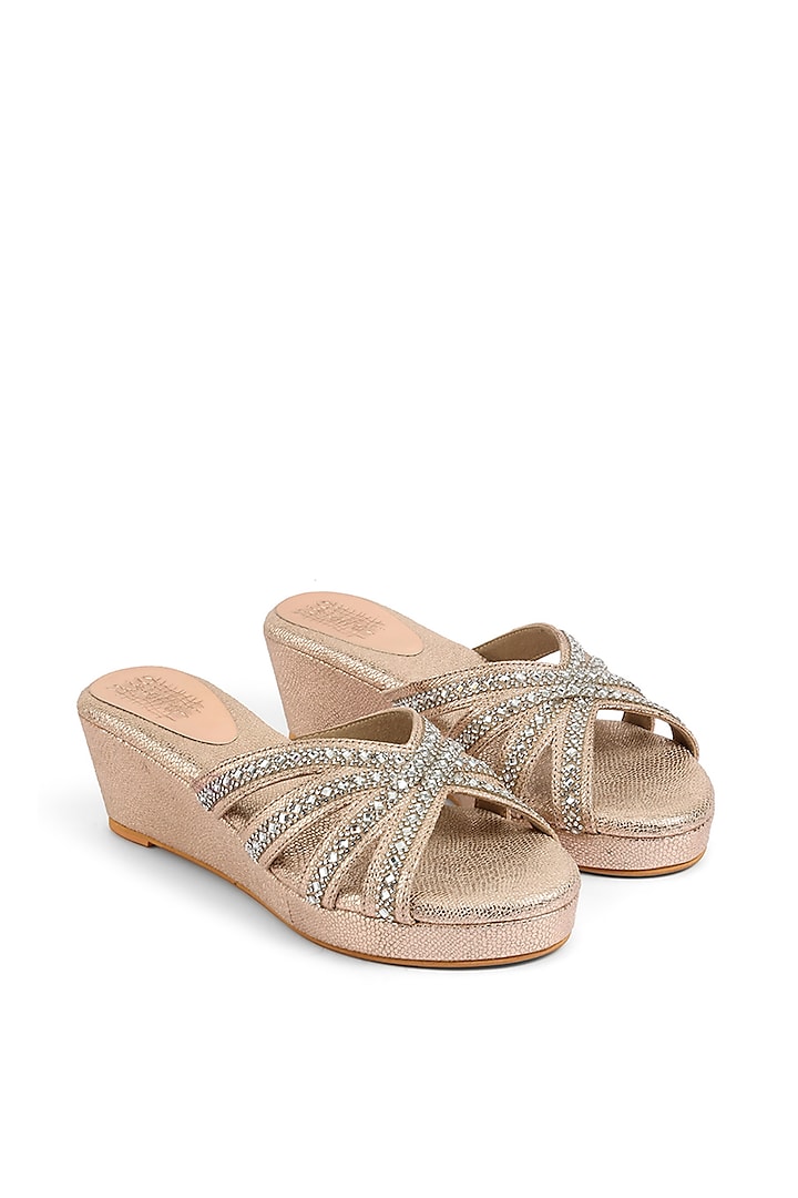 Rose Gold Faux Leather Crystal Embellished Wedges by stoffa bride at Pernia's Pop Up Shop