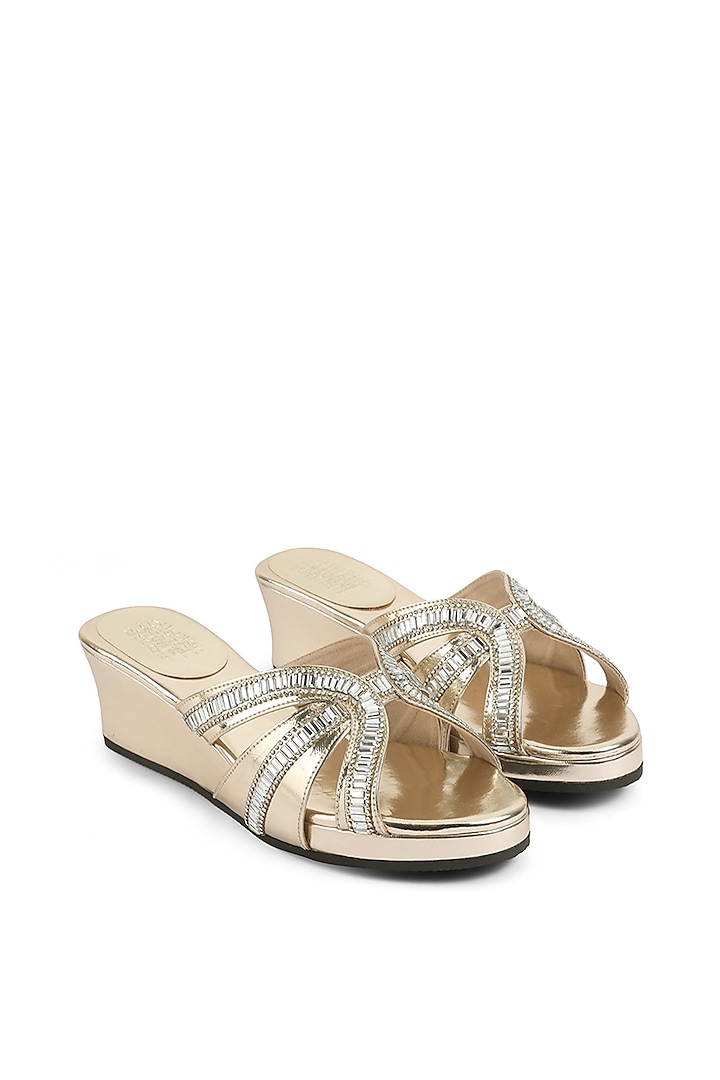 Gold Faux Leather Crystal Embellished Wedges by stoffa bride at Pernia's Pop Up Shop