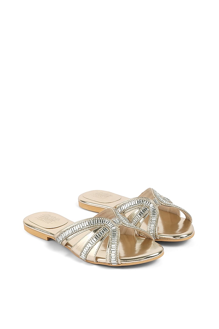 Gold Faux Leather Crystal Embellished Flats by stoffa bride at Pernia's Pop Up Shop