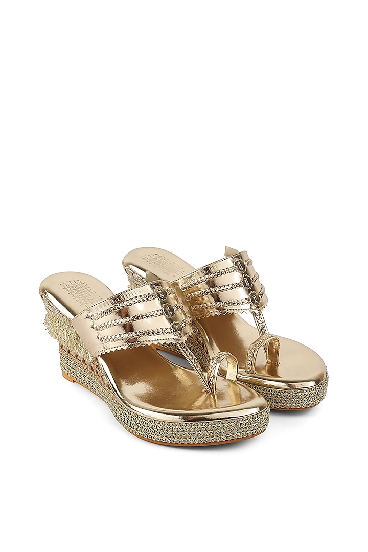 Light Gold Faux Leather Embellished Wedges by stoffa bride at Pernia's Pop Up Shop