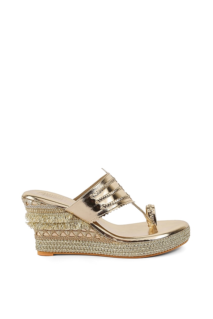 Light Gold Faux Leather Embellished Wedges by stoffa bride at Pernia's Pop Up Shop