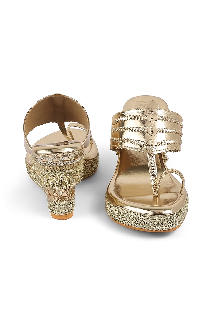 Light Gold Faux Leather Embellished Wedges by stoffa bride at Pernia's Pop Up Shop