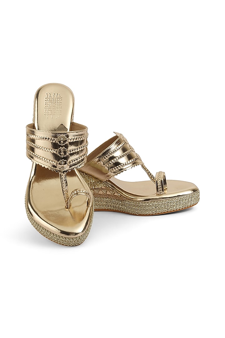 Light Gold Faux Leather Embellished Wedges by stoffa bride at Pernia's Pop Up Shop