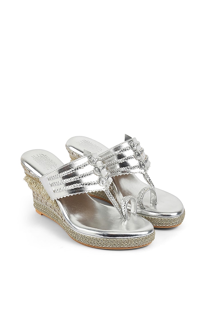 Silver Faux Leather Embellished Wedges by stoffa bride at Pernia's Pop Up Shop