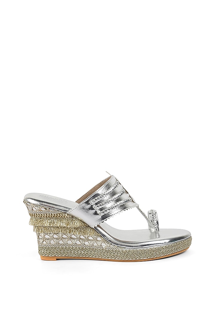 Silver Faux Leather Embellished Wedges by stoffa bride at Pernia's Pop Up Shop