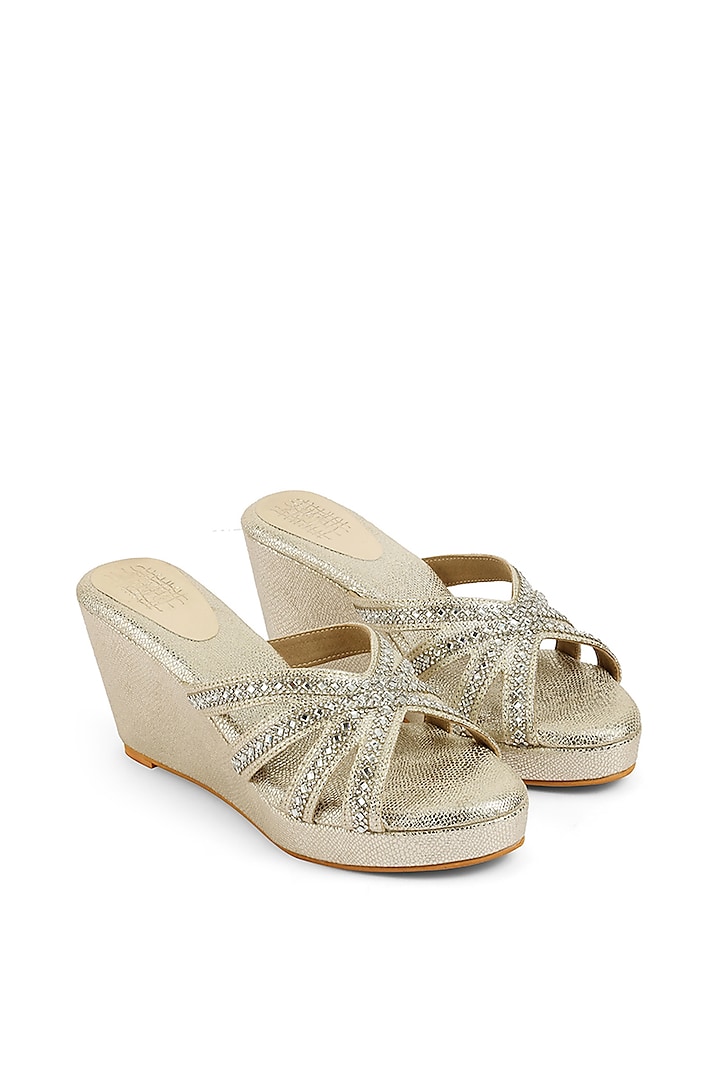 Gold Faux Leather Crystal Embellished Wedges by stoffa bride at Pernia's Pop Up Shop