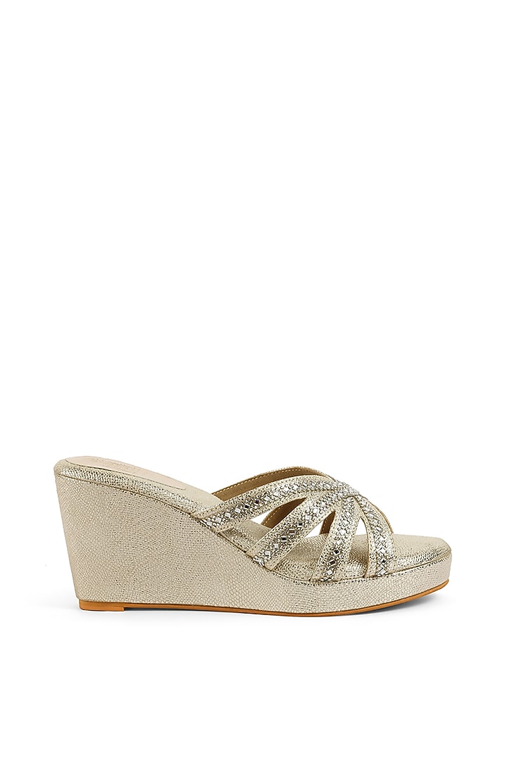 Gold Faux Leather Crystal Embellished Wedges by stoffa bride at Pernia's Pop Up Shop