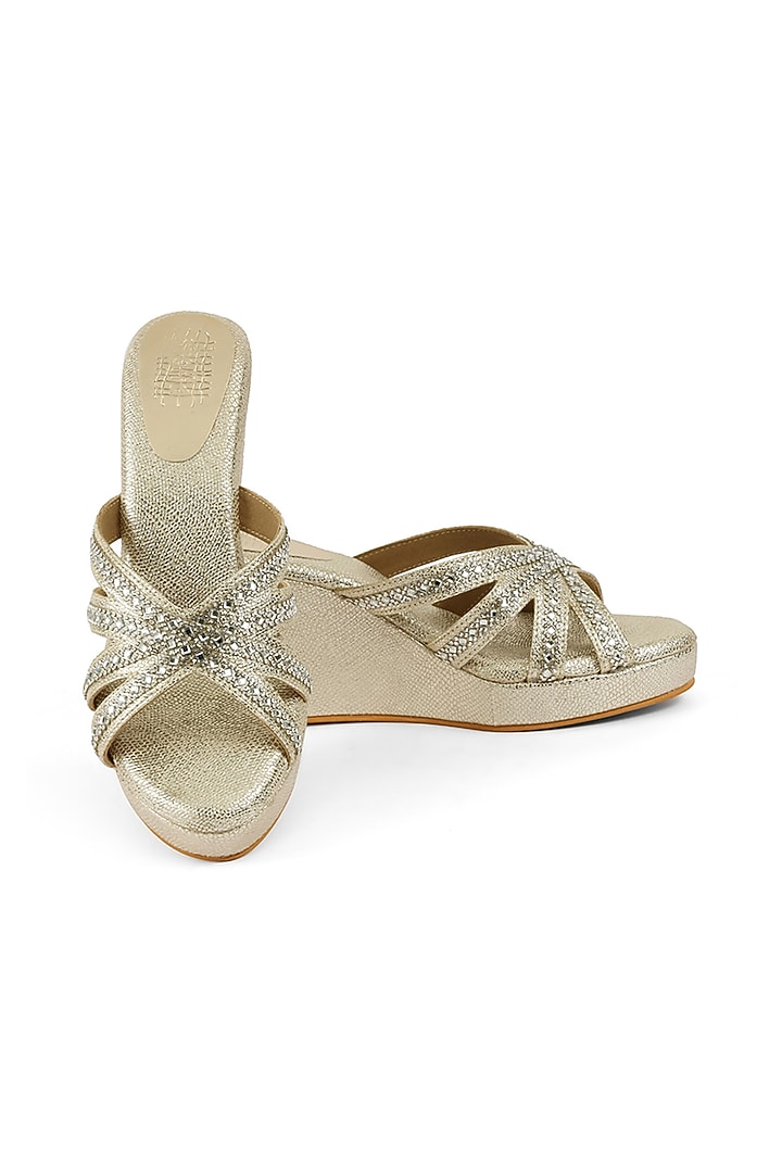 Gold Faux Leather Crystal Embellished Wedges by stoffa bride at Pernia's Pop Up Shop