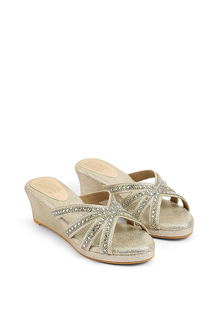 Gold Faux Leather Crystal Embellished Wedges by stoffa bride at Pernia's Pop Up Shop