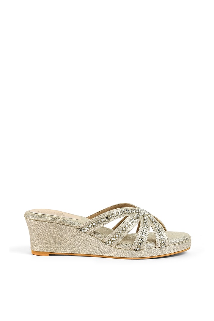 Gold Faux Leather Crystal Embellished Wedges by stoffa bride at Pernia's Pop Up Shop