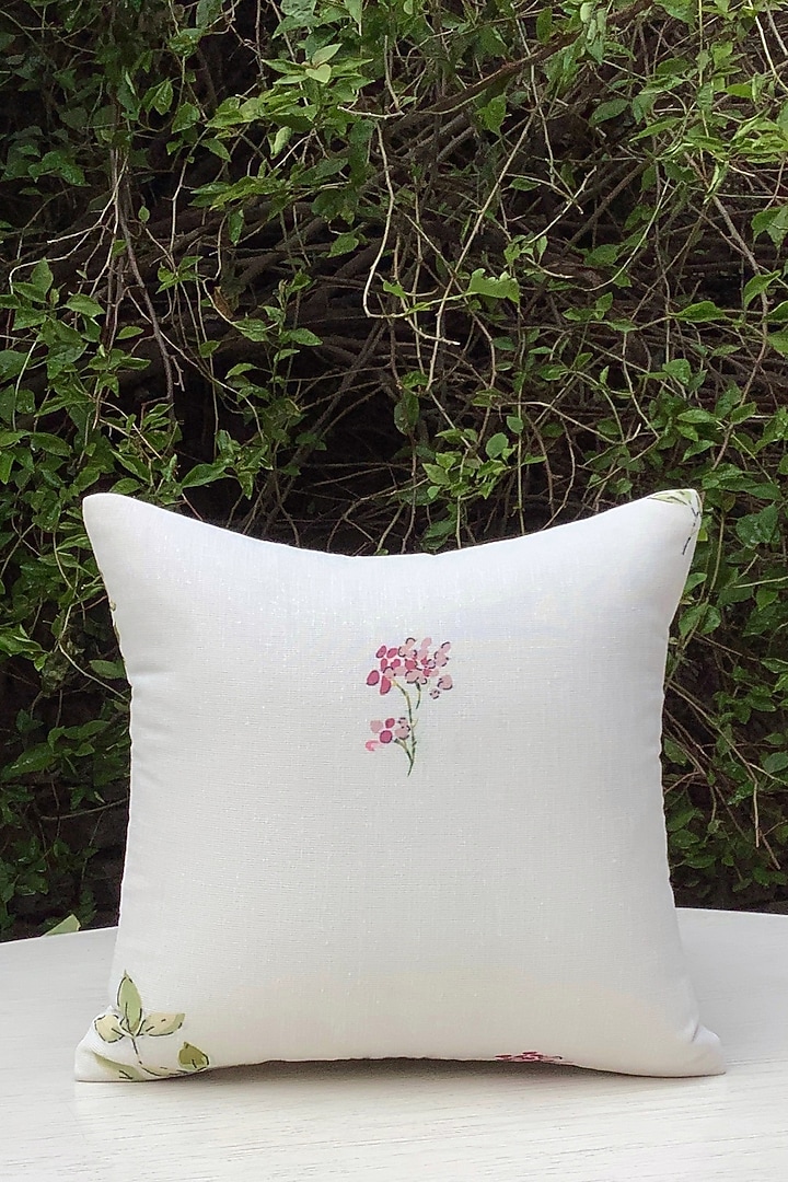 White Linen Blend Floral Cushion Cover by Studio Covers at Pernia's Pop Up Shop