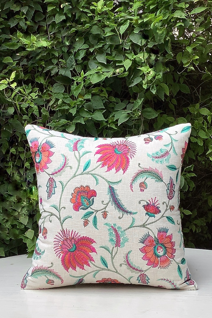 Beige Floral Embroidered Cushion Cover by Studio Covers at Pernia's Pop Up Shop