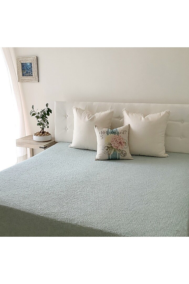 Dusty Blue Cotton Handwoven Bedspread Design by Studio Covers at Pernia