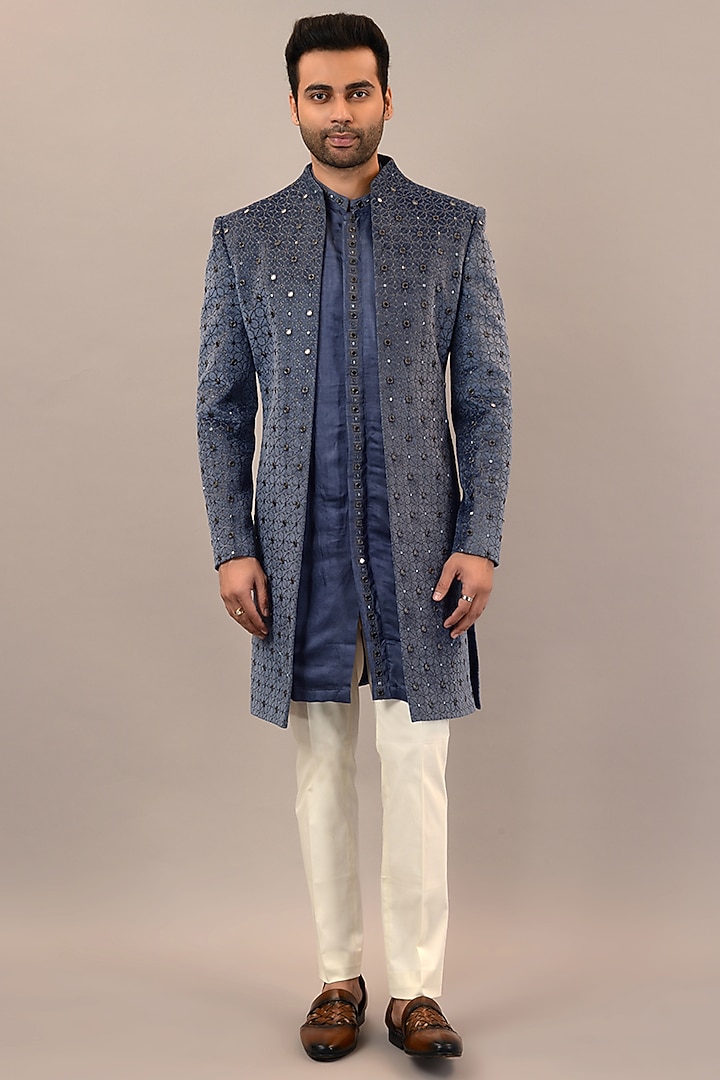 Dark Blue Grey Velvet Mirror Embroidered Groom Indowestern Set by STEEL at Pernia's Pop Up Shop