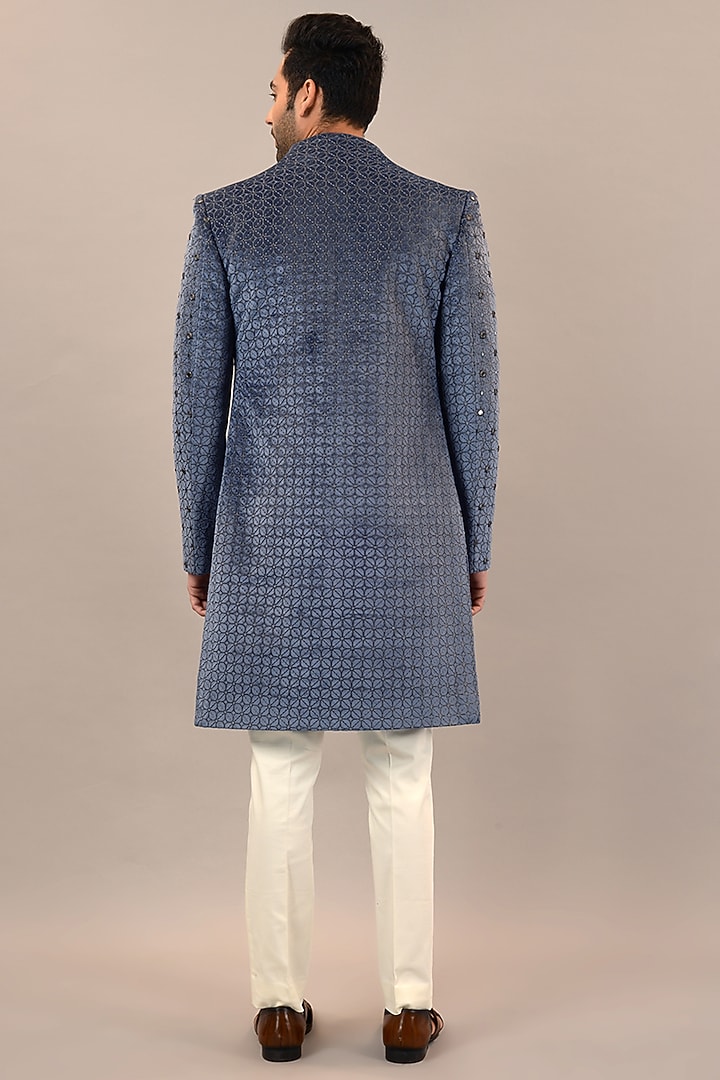 Dark Blue Grey Velvet Mirror Embroidered Groom Indowestern Set by STEEL at Pernia's Pop Up Shop