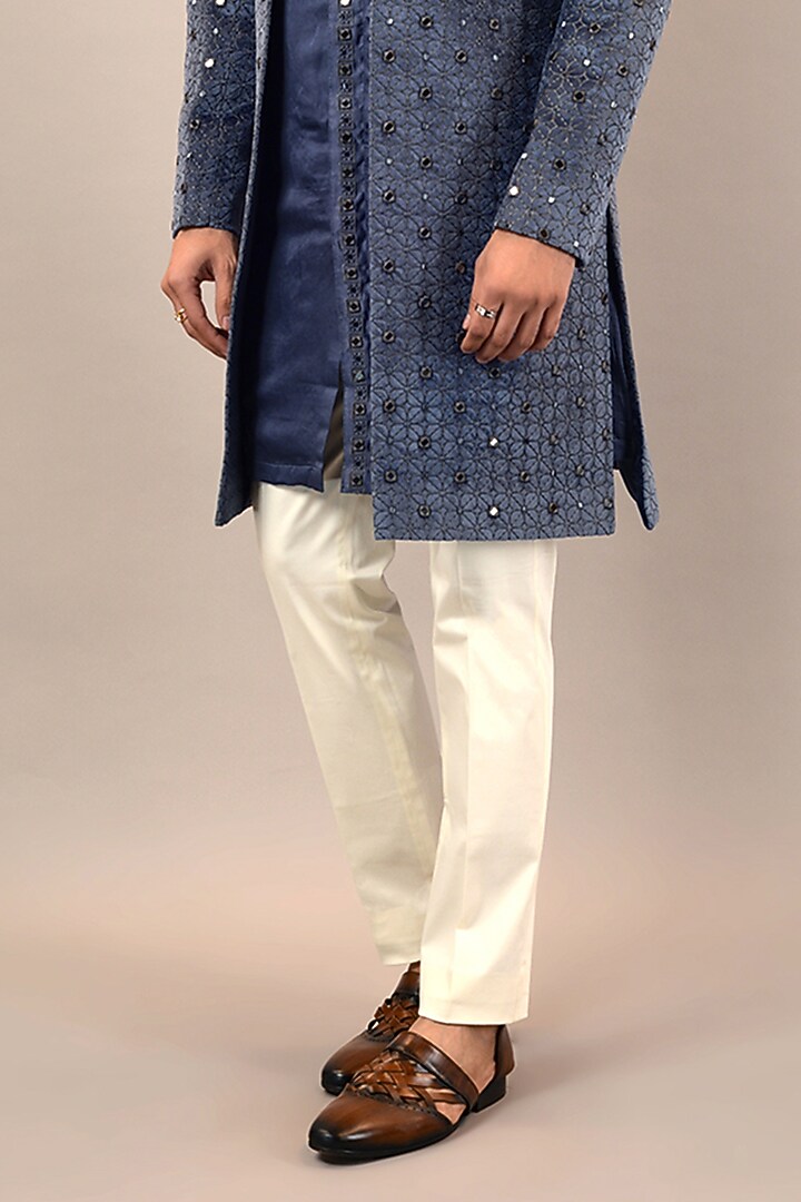 Dark Blue Grey Velvet Mirror Embroidered Groom Indowestern Set by STEEL at Pernia's Pop Up Shop
