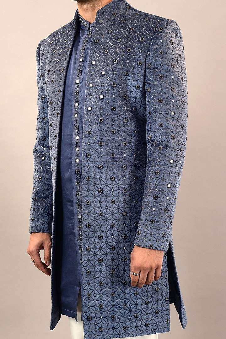 Dark Blue Grey Velvet Mirror Embroidered Groom Indowestern Set by STEEL at Pernia's Pop Up Shop