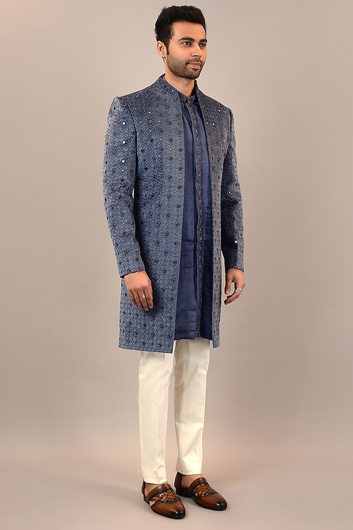 Dark Blue Grey Velvet Mirror Embroidered Groom Indowestern Set by STEEL at Pernia's Pop Up Shop