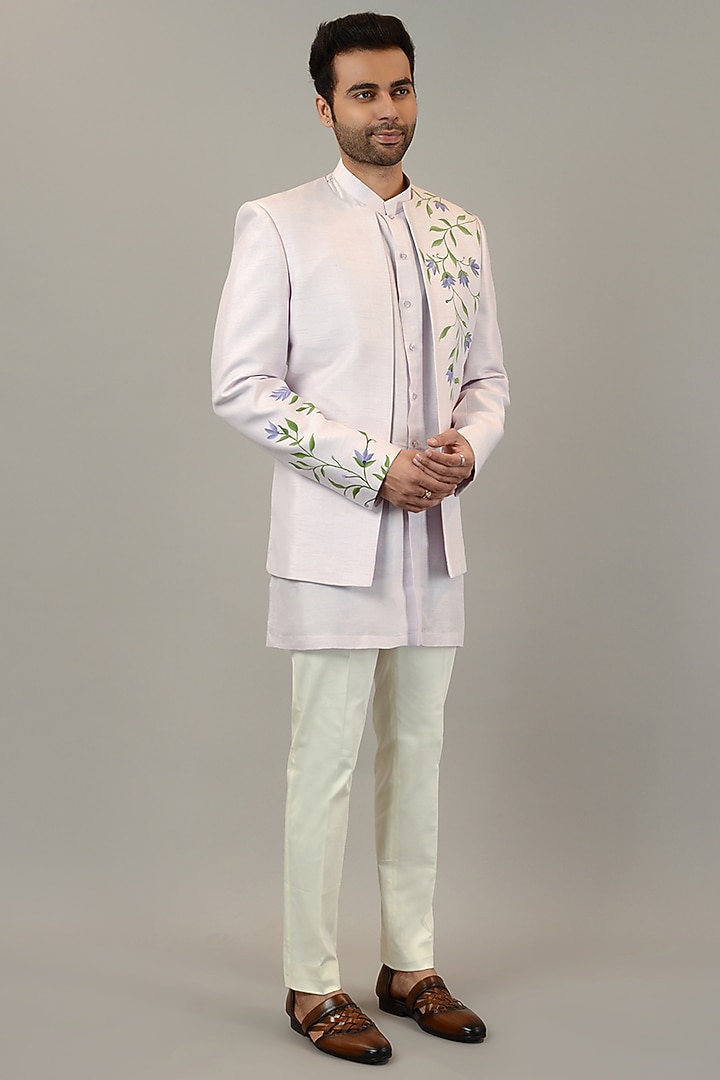 Lilac Viscose Silk Hand Painted Wedding Indowestern Set by STEEL at Pernia's Pop Up Shop