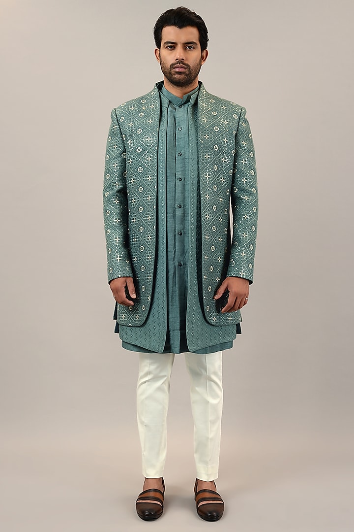 Aqua Viscose Silk Embroidered Indowestern Set by STEEL