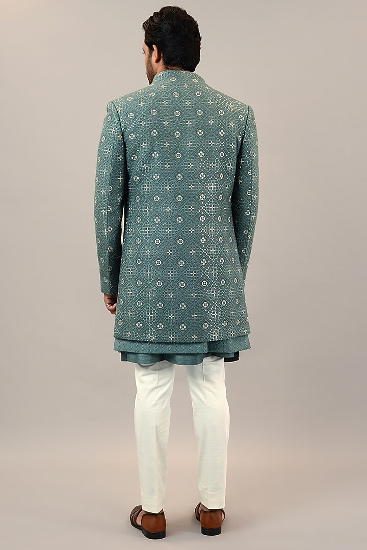 Aqua Viscose Silk Embroidered Wedding Indowestern Set by STEEL at Pernia's Pop Up Shop