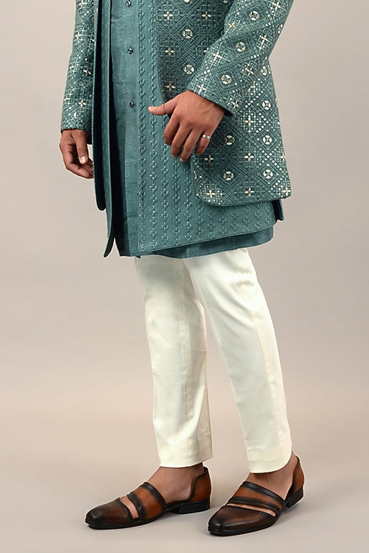 Aqua Viscose Silk Embroidered Wedding Indowestern Set by STEEL at Pernia's Pop Up Shop