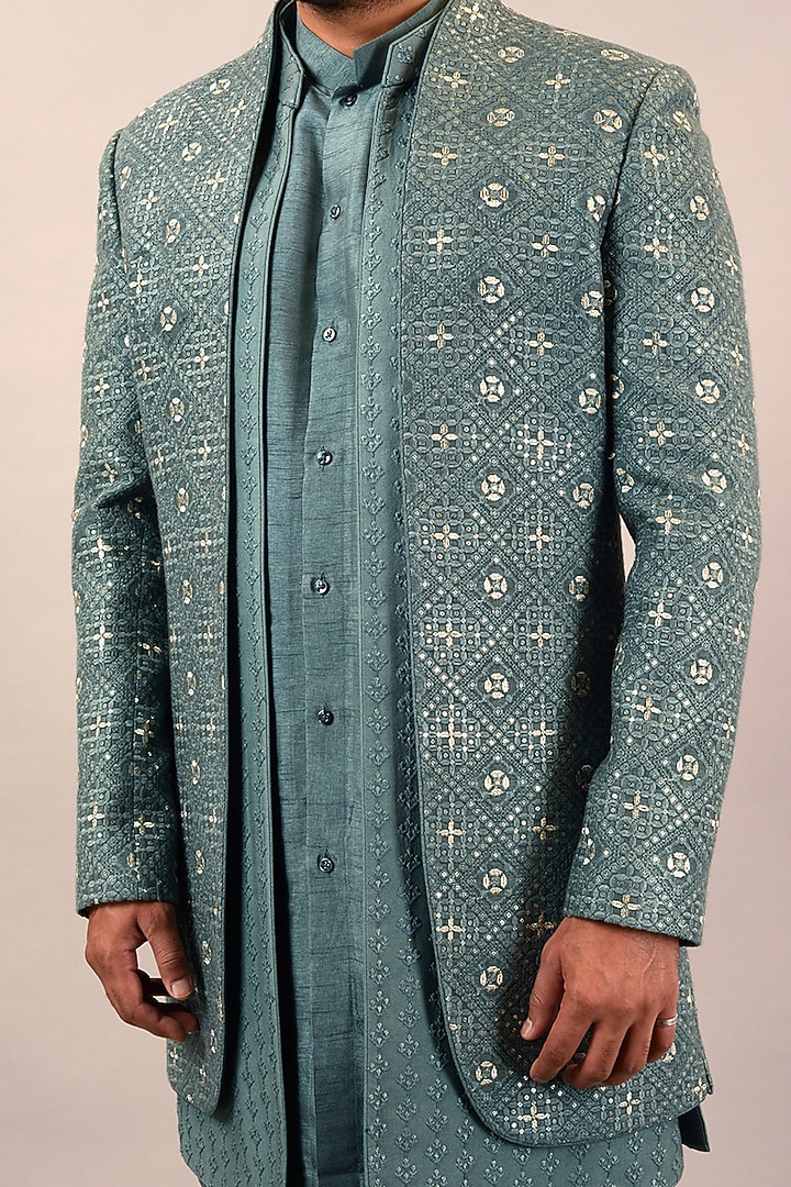 Aqua Viscose Silk Embroidered Wedding Indowestern Set by STEEL at Pernia's Pop Up Shop