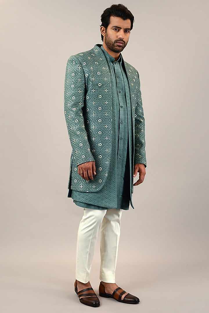 Aqua Viscose Silk Embroidered Wedding Indowestern Set by STEEL at Pernia's Pop Up Shop