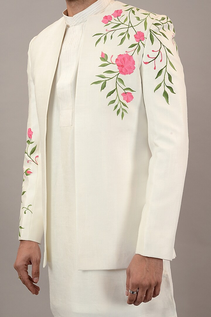 White Viscose Silk Hand Painted Wedding Indowestern Set by STEEL at Pernia's Pop Up Shop