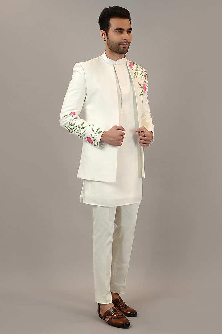 White Viscose Silk Hand Painted Wedding Indowestern Set by STEEL at Pernia's Pop Up Shop