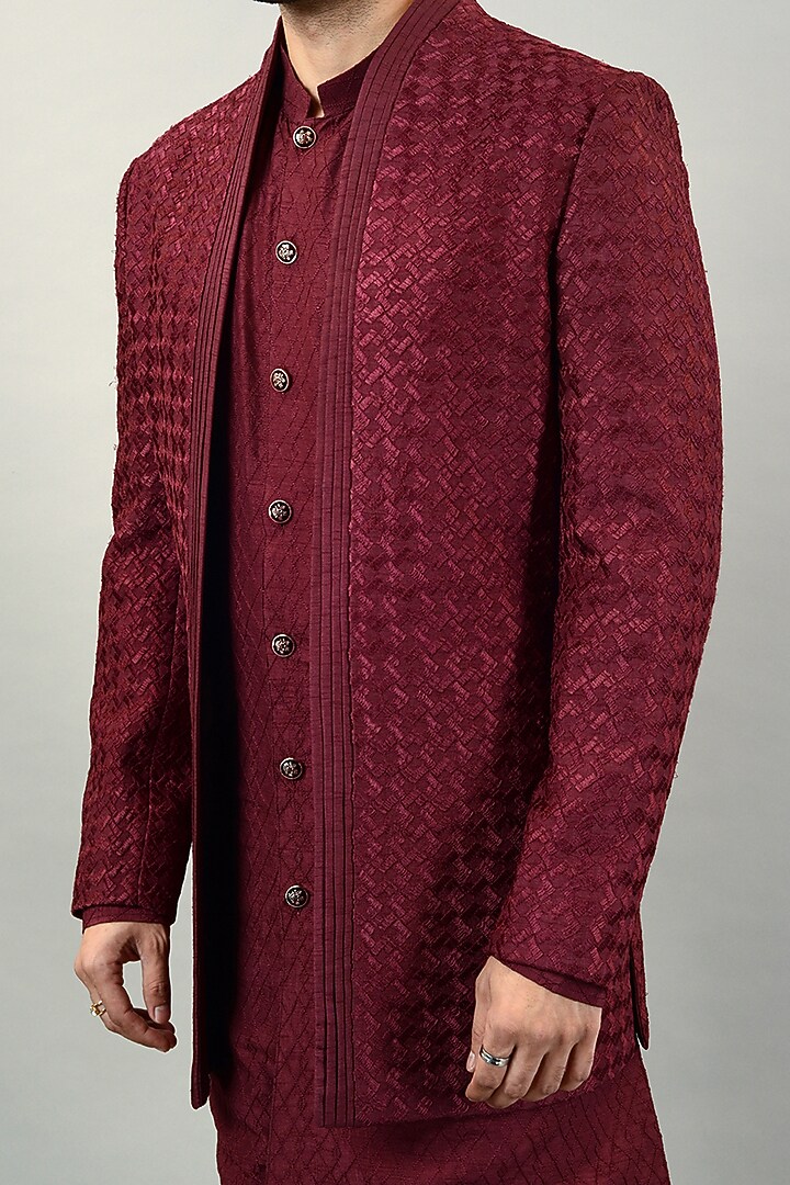 Magenta Viscose Silk Embroidered Wedding Indowestern Set by STEEL at Pernia's Pop Up Shop