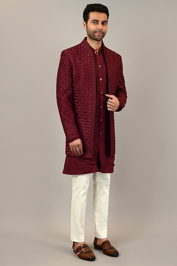 Magenta Viscose Silk Embroidered Wedding Indowestern Set by STEEL at Pernia's Pop Up Shop
