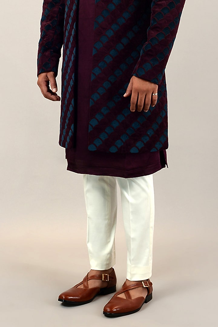 Wine Velvet Embroidered Wedding Indowestern Set by STEEL at Pernia's Pop Up Shop