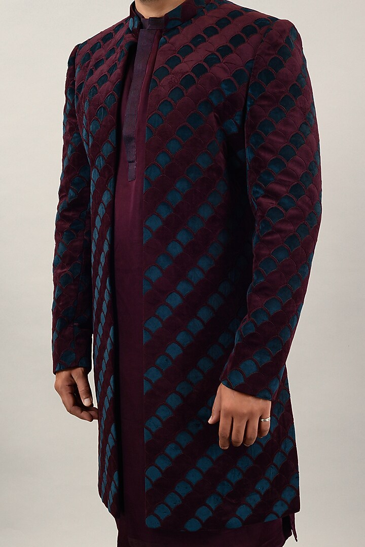 Wine Velvet Embroidered Wedding Indowestern Set by STEEL at Pernia's Pop Up Shop